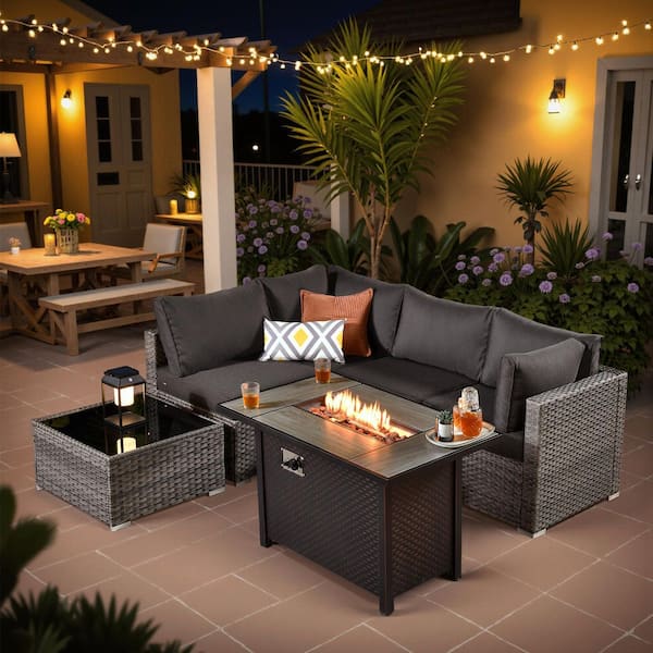 Elora Gray 6‑Piece Wicker Outdoor Sectional Set with Fire Pit, Black Cushion &Coffee Table for Patio, Backyard, Deck