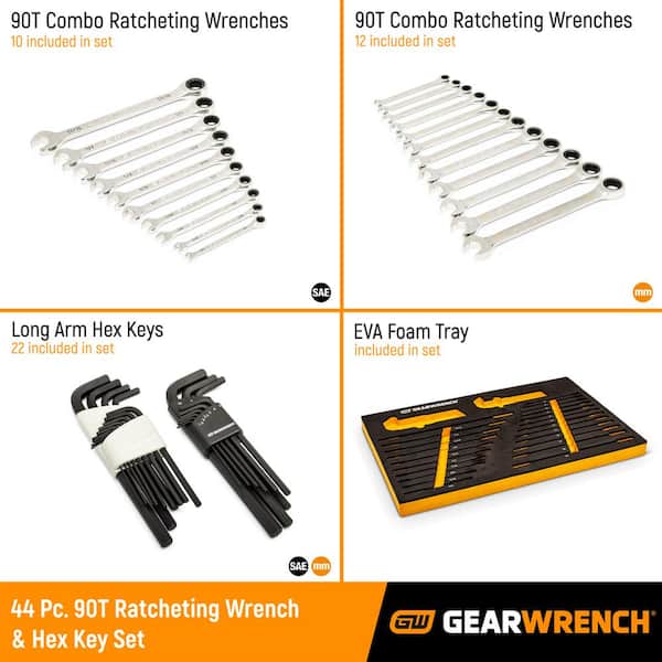 44pc 90T SAE/Metric Combination Ratcheting Wrench & Long Arm Hex Key Set with EVA Foam Tray