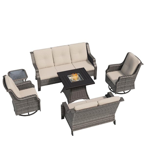 6-Piece Wicker Outdoor Patio Fire Pit Seating Sofa Conversation Set with Swivel Rocking Chairs and Beige Cushions
