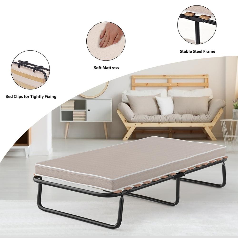 Twin Black Metal Folding Bed with Memory Foam Mattress