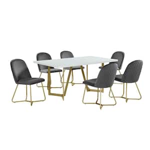 Aurelio 7-Piece Dark Gray Rectangle White Wooden Top Dining Set with Velvet Fabric Chairs
