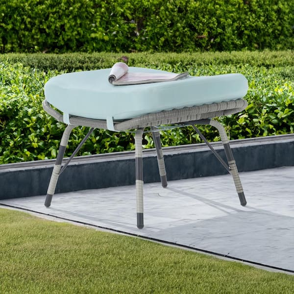 BFB Gray Wicker Outdoor Ottoman with Tiffany Blue Cushion 1 Pack