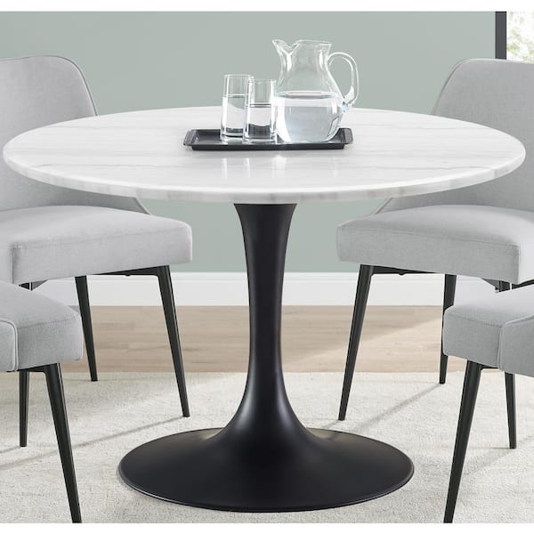 Unbranded Colfax 45 in. Round White Marble Table with Black Pedestal Base Dining Table Seats 4