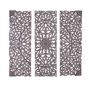 Wood Gray Handmade Intricately Carved Floral Wall Decor with Mandala Design (Set of 3)