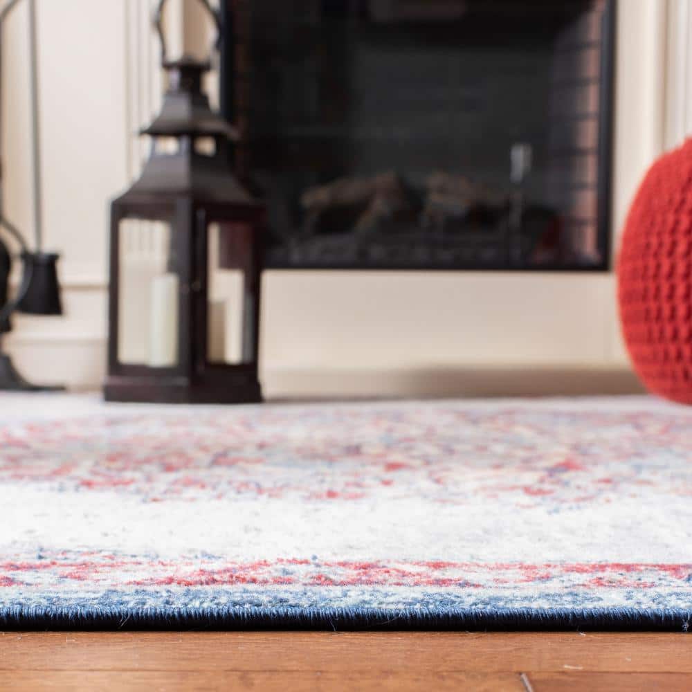 Ivory and Red Synthetic Square Oriental Area Rug