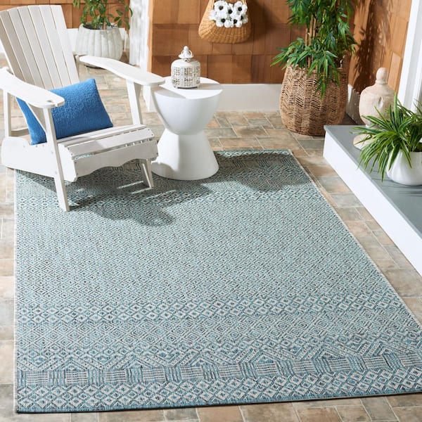 Courtyard Gray/Aqua 7 ft. x 7 ft. Geometric Diamond Indoor/Outdoor Square Area Rug