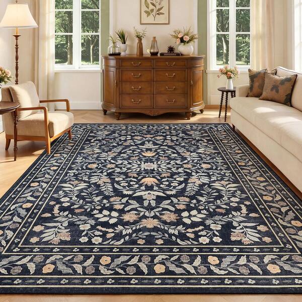 Black 5 X 7 ft. Floral Washable Low Pile Area Rug, Soft Non-Slip Indoor Carpet for Living Room, Bedroom, Dining Room