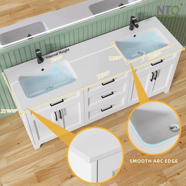 NTQ 72 in. W x 22 in. D x 34 in.H Double Sink Freestanding Bath