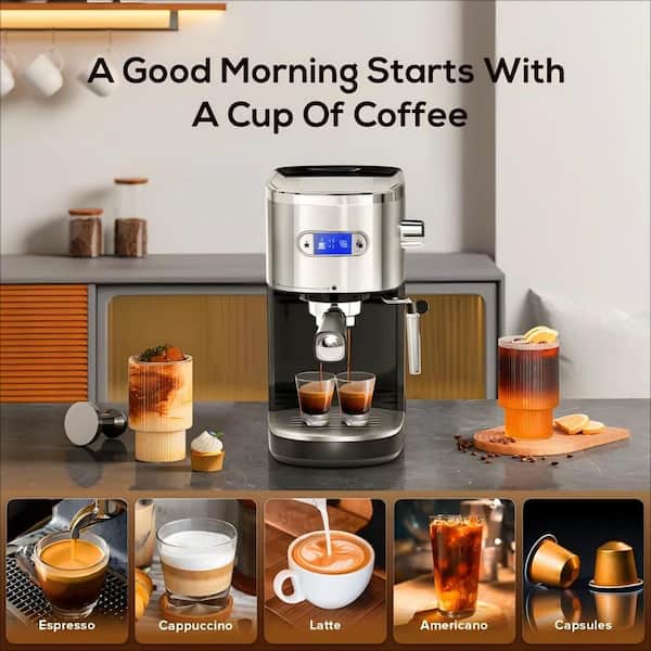 2-Cup Silver Stainless Steel All in 20-Bar Semi-Automatic Espresso Machine with Led Display and Steam Milk Foam