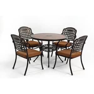 5-Piece Antique Bronze Aluminum Outdoor Dining Set with Washed Beige Cushions and Umbrella Hole