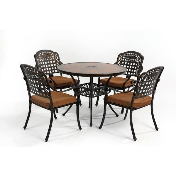 HOMEFUN 5-Piece Antique Bronze Aluminum Outdoor Dining Set with Washed Beige Cushions and Umbrella Hole