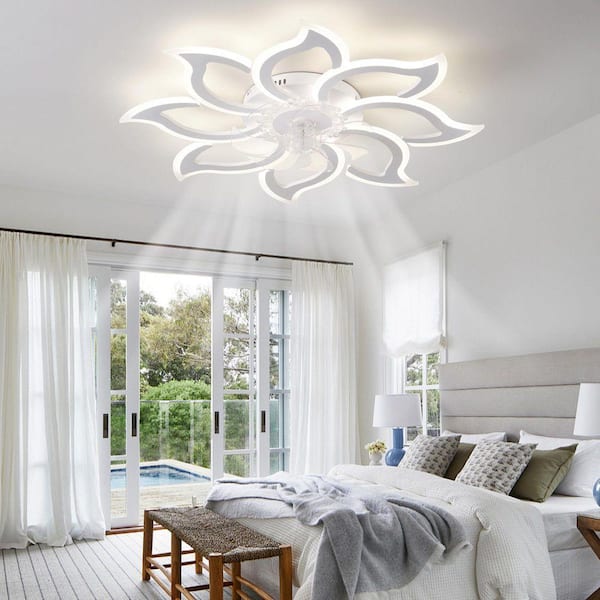 35 in. Indoor Flush Mount White Ceiling Fan w/ Lights, Flower Ceiling Fan w/ Remote Control, 3-Light Color, 6-Speeds
