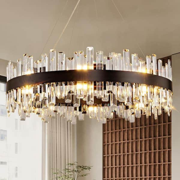 Gleam Flare 31.5 in. 16-Light Black Crystal Chandelier, Modern Round K9 Crystal Hanging Pendant Ceiling Light Fixture