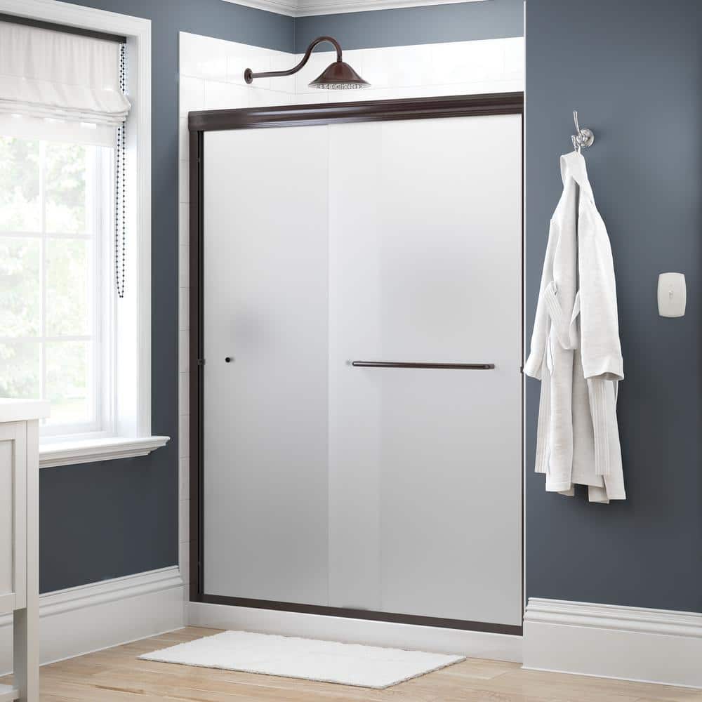 Simplicity Traditional 50-1/8 to 59-3/8 in. W x 70 in. H Semi-Frameless Sliding Shower Door, Bronze, Frosted Glass -  Delta, 1118556