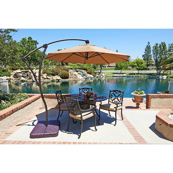 9 ft. Bronze Aluminum Cantilever Patio Umbrella with Crank Open 360 Rotation in Navy Sunbrella