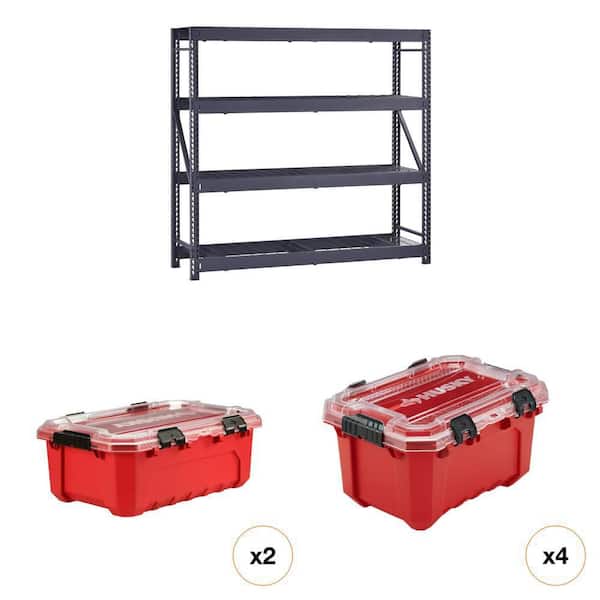 77 in. W 4-Shelf Black Metal Shelving Unit, 12 Gal. and 5 Gal. Waterproof Storage Tote Combo