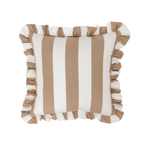 Cabana Stripe Beige/White 18 in. Filled Square Ruffle Outdoor Throw Pillow