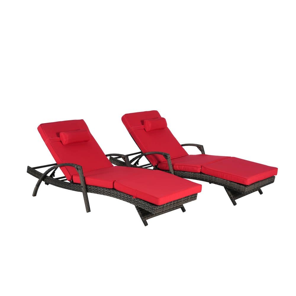 Modern Wicker Outdoor Recliner Lounge Chair Set of 2 with Red Cushions, Up 