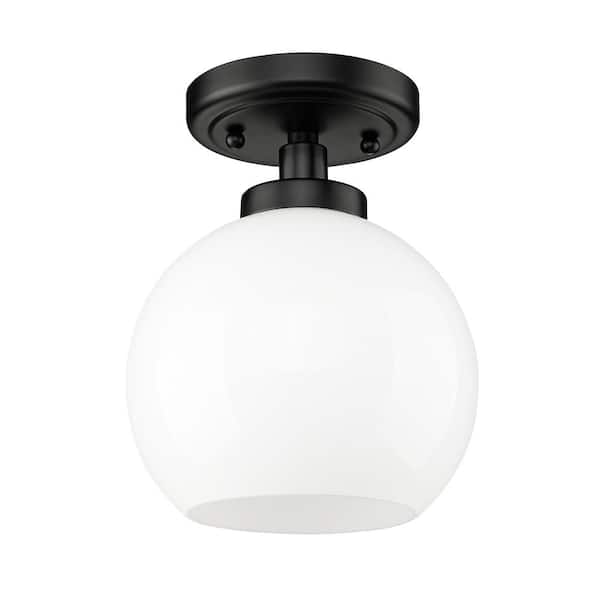 Golden Lighting Galveston 7.25 in. 1-Light Matte Black Flush Mount with Vintage Milk Glass Shade