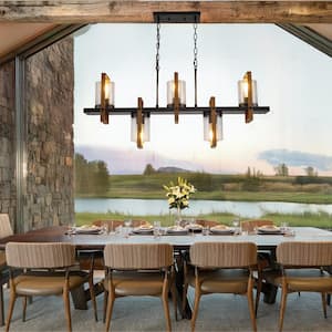 Retro 5-light Wood Frame Farmhouse Metal Geometric Linear Chandelier Light Fixture for Kitchen Island Dinning Room Foyer