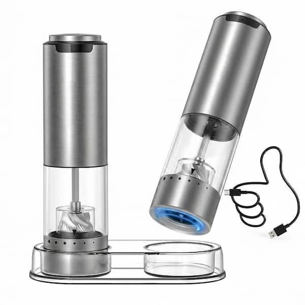 Silver Finish Electric Salt and Pepper Grinder Set with Base, Stainless Steel Mills, Adjustable Coarseness, 1 Set