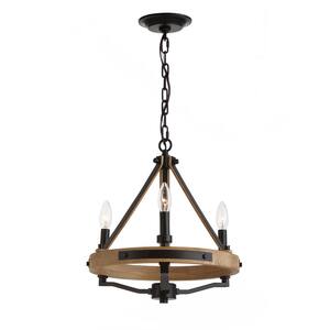 Savannah 3-Light Rustic Farmhouse Style Chandelier, Natural Brown and Matte Black Round Pendant Chandelier Light