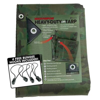 20 ft. x 40 ft. Heavy-Duty CAMO Reversible Poly 10 mil Tarp Kit Includes 4 Free Bungee Hook Tie Downs