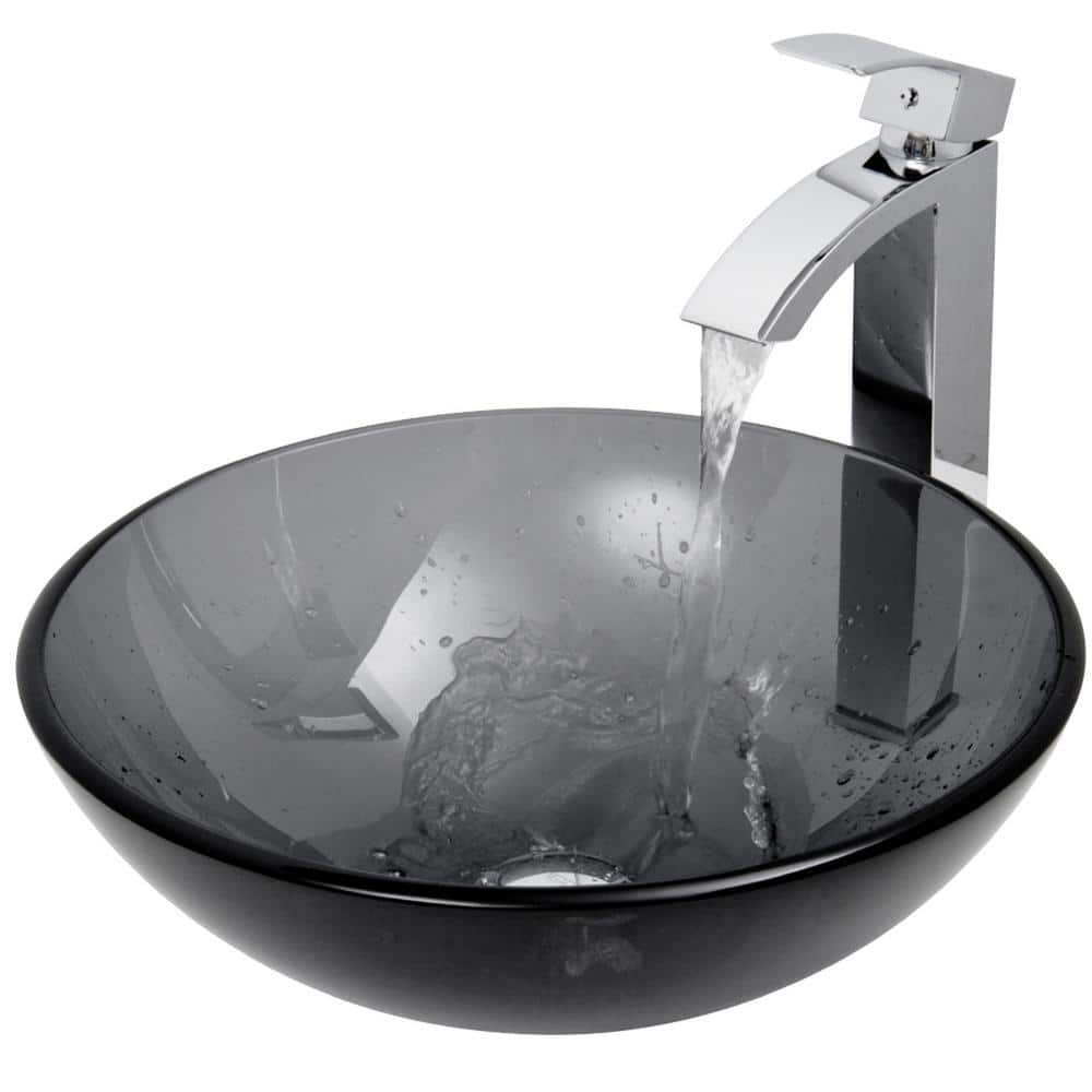 Sheer Black Glass Above-Counter Round Vessel Sink with Chrome Faucet