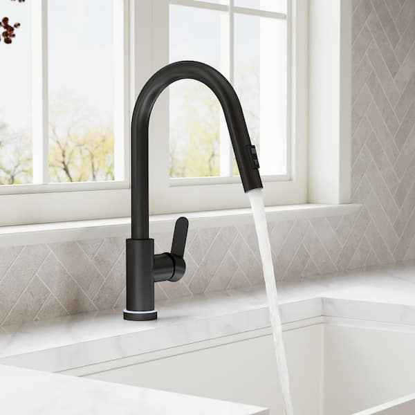Pull Down Sprayer Kitchen Faucet 1.8 GPM with LED Light, 15.9" Height, 360° Swivel Spout Faucet in Matte Black