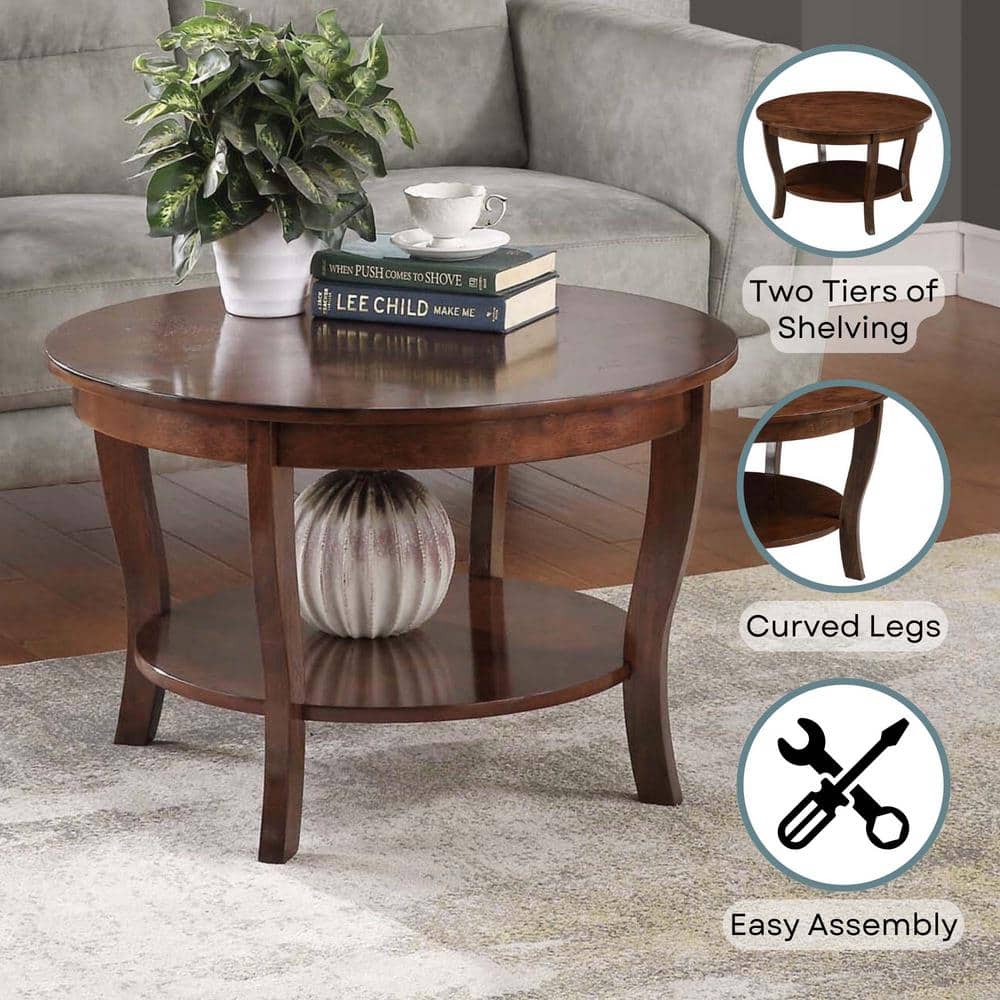 Heritage Classic 30" Round Espresso Wood Coffee Table with Shelf