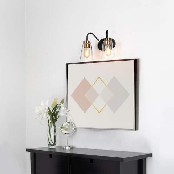 Transitional 12.5 in. 2-Lights Brass and Black Wall Sconce with Seeded Glass Shade Wall Lamp, Bathroom Vanity Light