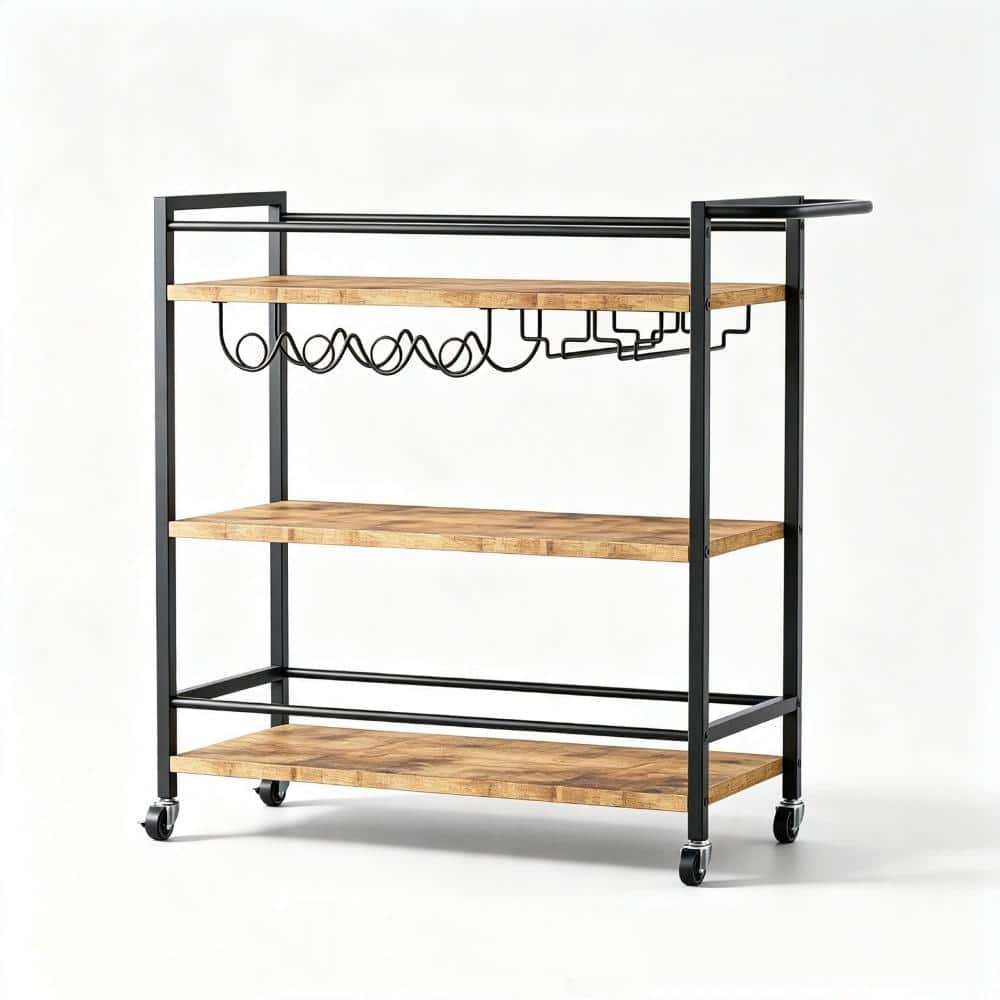Multi‑Use Serving Cart with 360° Swivel Wheels, Wine Rack and Wood Shelf – Ideal Rolling Bar for Patio, Garden