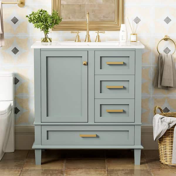 30 in. Single Sink Freestanding Green Bath Vanity with White Ceramic Sink Top