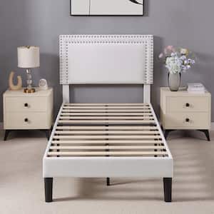 Upholstered Bed with Adjustable Headboard, No Box Spring Needed Platform Bed Frame, Bed Frame White Twin Bed