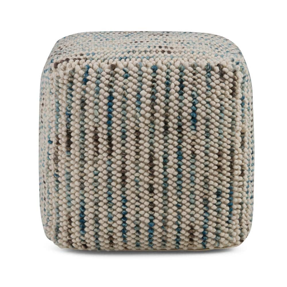 Simpli Home Zoey Boho Cube Woven Pouf in Multi Color Cotton and Wool