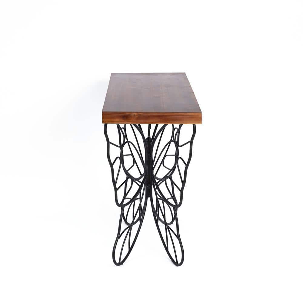 Dark Maple & Black Metal Butterfly Accent Console Table with Storage