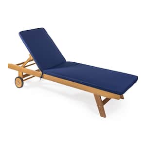 Mallorca 77.56"x23.62" Classic Adjustable Acacia Wood Outdoor Chaise Lounge Chair with Cushion & Wheels, Navy/Natural
