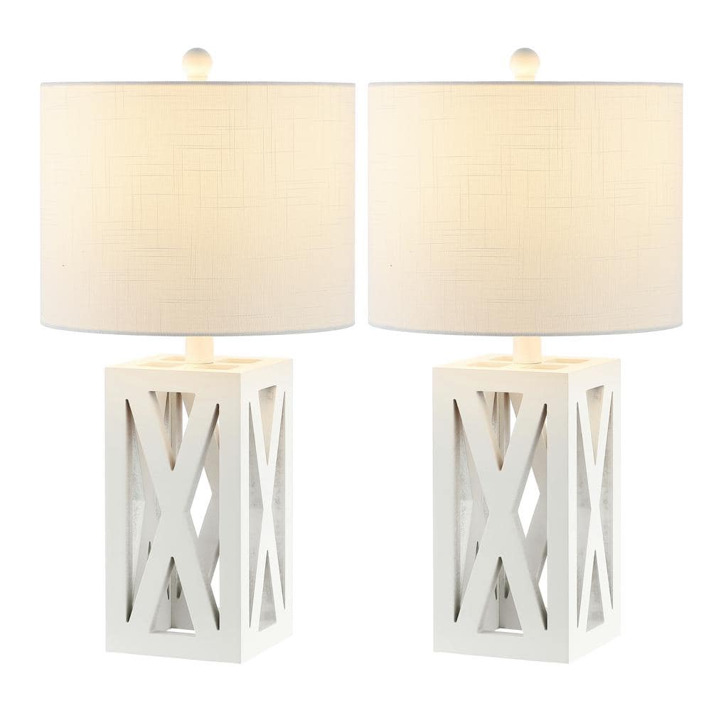 JONATHAN Y Stewart 21.5 in. Farmhouse Wood LED Table Lamp Set with Linen Shade and Wood Base, White (Set of 2)