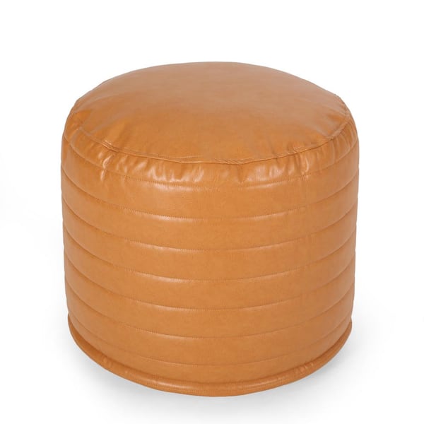 Noble House Mirics Caramel Channel Stitch Faux Leather Cylinder Pouf