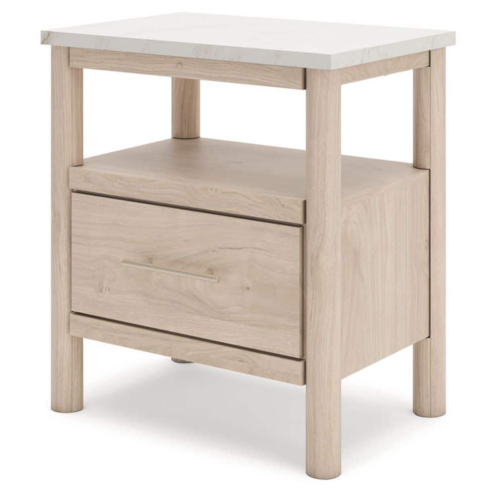 Light Brown and White 1-Drawer Nightstand with Marble Top