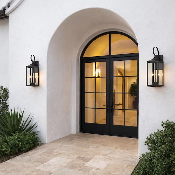 25.6 in. 2-Light Powder-coated Black Hardwired Outdoor Wall Lantern Sconce with No Bulbs Included