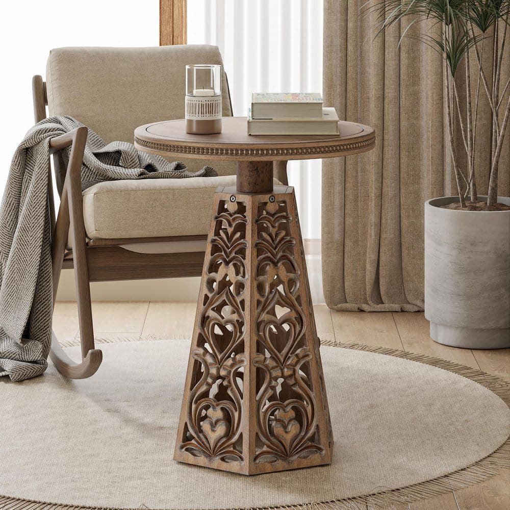 Farmhouse 18.11 in. Natural Round Wood End Table with Intricate Carved Floral Patterns price history on PriceWatchPro
