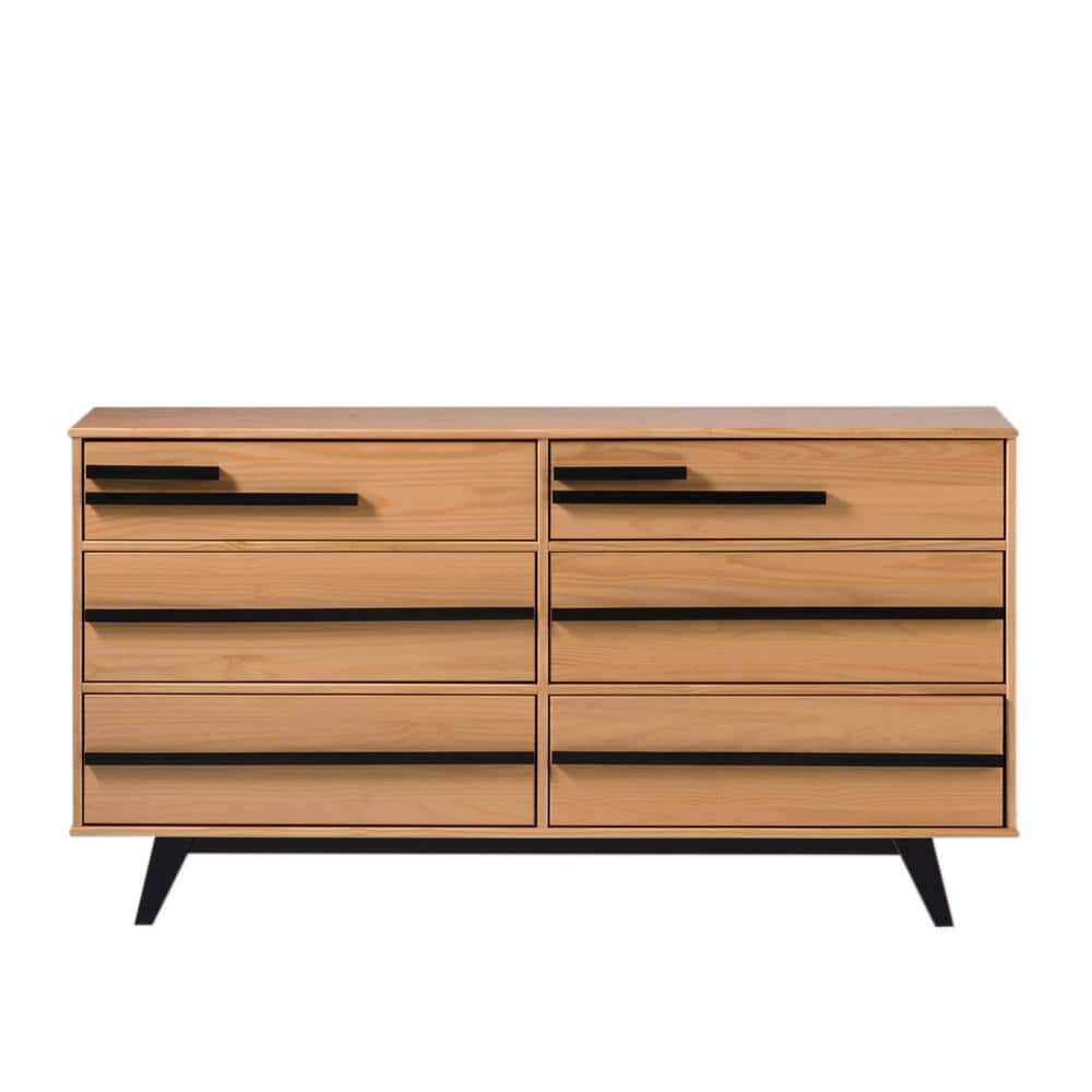 Natural Pine Mid-Century Modern 6-Drawer Solid Wood Dresser