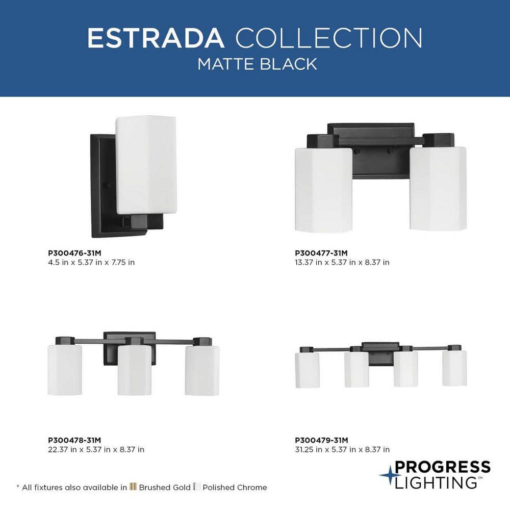 Estrada Matte Black Steel Vanity Light with Opal Glass Shade