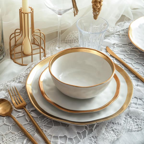 MALACASA Bone China Dinnerware Set, 16 Piece Plates and Bowls Sets with  Golden Rim, White Plate Set with Dinner Plate, Dessert Plate, Soup Plate  and