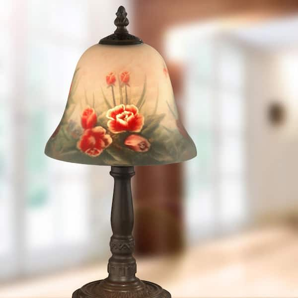 15 in. Antique Bronze Rose Bell Accent Lamp with Hand Painted Glass Shade