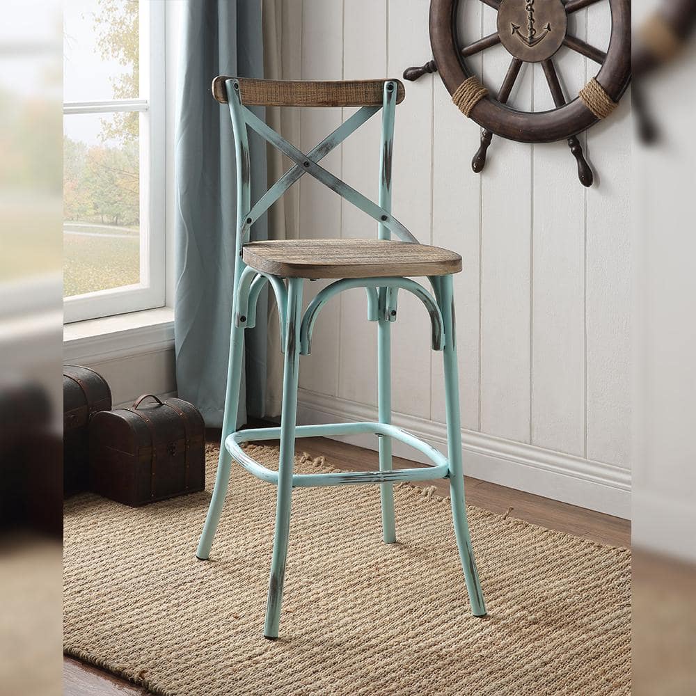 Antique Turquoise & Oak Industrial Metal Bar Chair, 43"