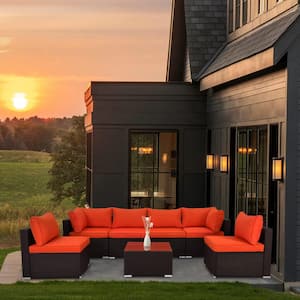 7-Piece Wicker Outdoor Sectional Patio Conversation Set with Orange Cushions and Tempered Glass Table