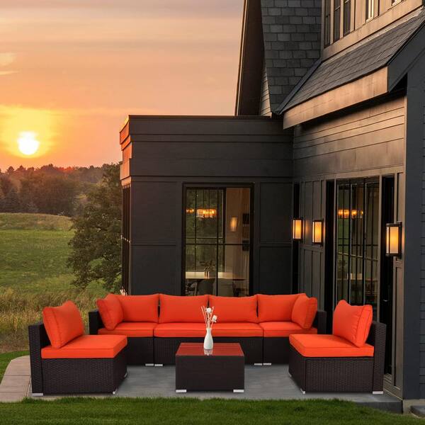 Sudzendf 7-Piece Wicker Outdoor Sectional Patio Conversation Set with Orange Cushions and Tempered Glass Table
