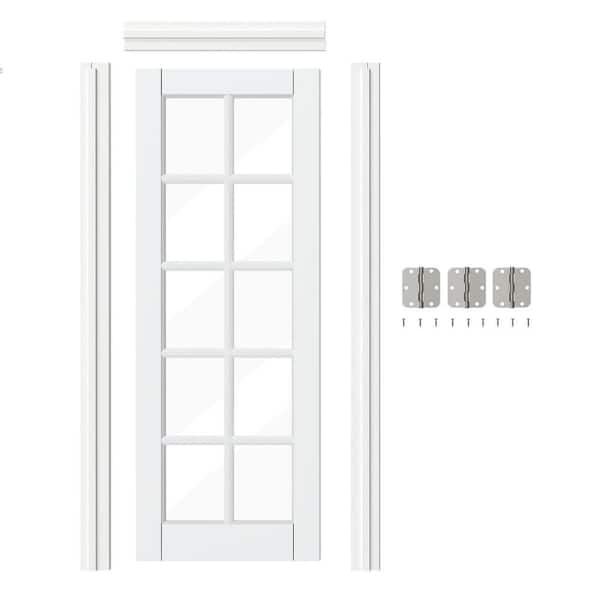30 in. x 80 in. Left-Handed 10-Lite Clear Glass White MDF Wood Single Prehung Interior Door with Door Jamb Hardware Kit